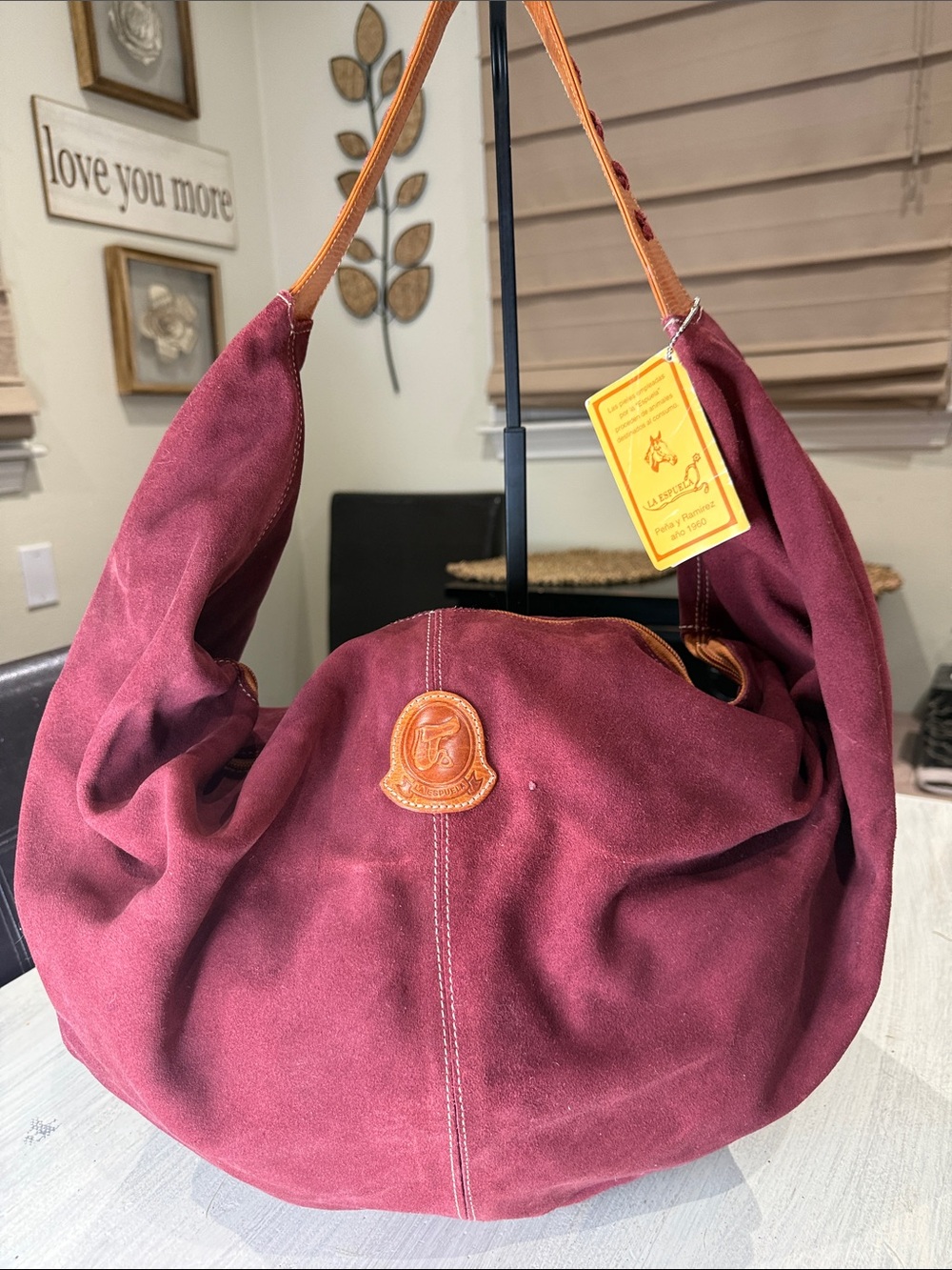 Large Suede Burgundy Suede Slouch Hobo Bag with Tan Leather Trim